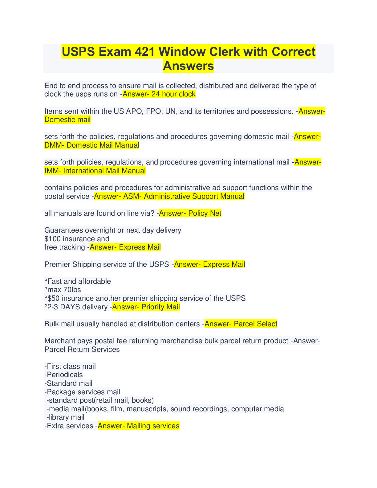 Preview image for USPS Exam 421 Window Clerk with Correct Answers